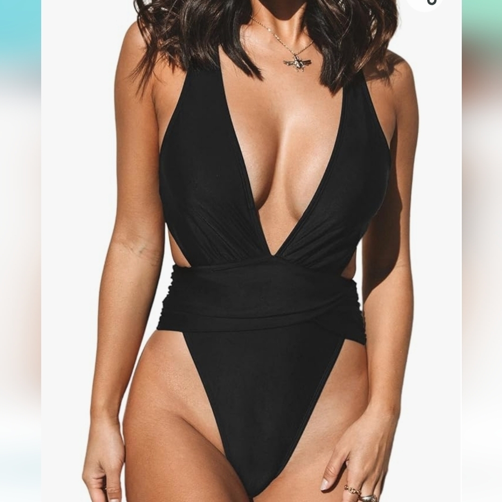 Sexy one piece‎ plunge v neck line black flattering SZ S